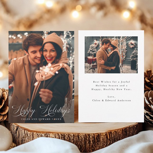 Elegant Script Happy Holidays Christmas 2 Photo Holiday Card (Front & Back)