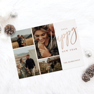 Elegant Script Happy New Year Minimal 4 Photo Foil Holiday Card