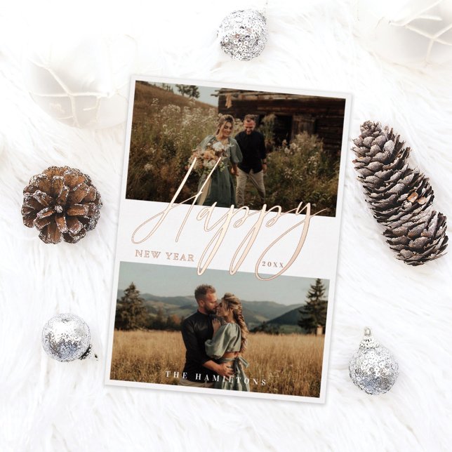 Elegant Script Happy New Year Minimal Couple Photo Foil Holiday Card (Creator Uploaded)