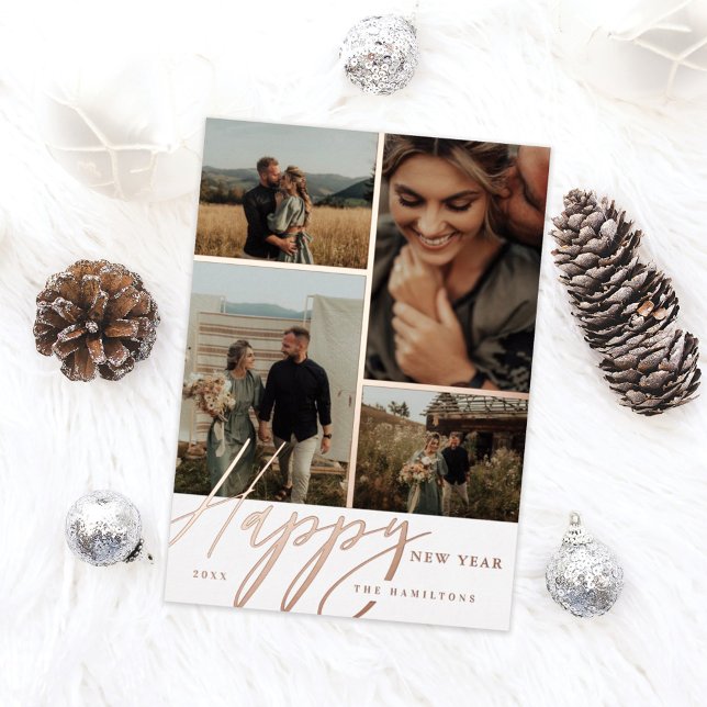 Elegant Script Happy New Year Minimal Photo Grid Foil Holiday Card (Creator Uploaded)