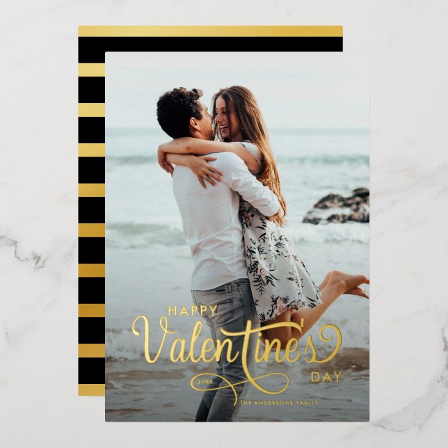 Elegant Script  Happy Valentine's Day Photo Stripe Foil Holiday Card (Front/Back)