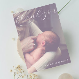 Elegant Script Hazy Baby Photo Simple Thank You Invitation