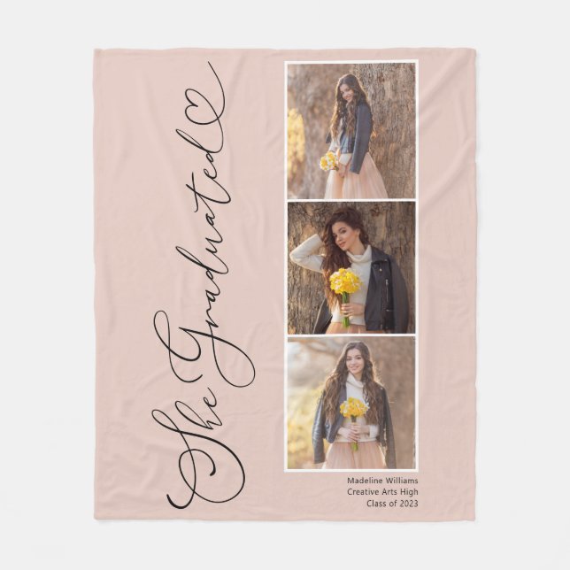 Elegant Script Heart 3 Photo Graduation Fleece Blanket (Front)