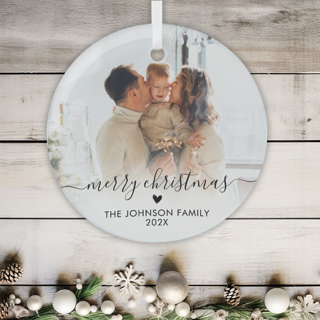 Elegant Script Heart Family Photo Merry Christmas Glass Tree Decoration (Creator Uploaded)