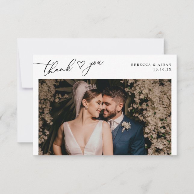 Elegant Script Heart Greenery Wedding Photo Thank You Card (Front)