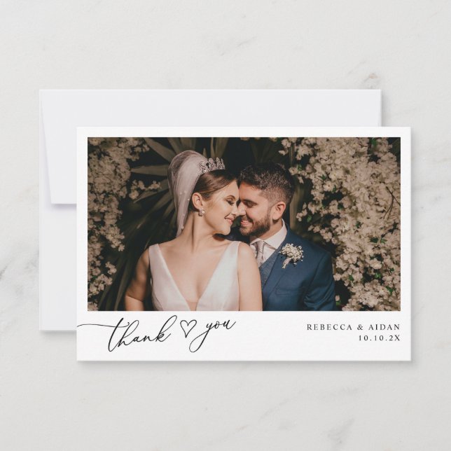 Elegant Script Heart Modern Wedding Photo Thank You Card (Front)