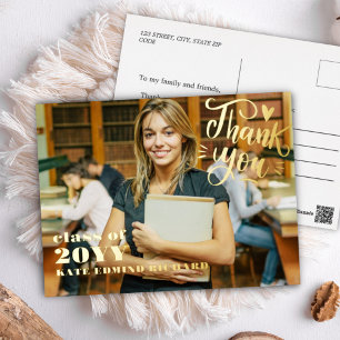 Elegant Script Heart Photo Graduation Thank You  Foil Holiday Postcard