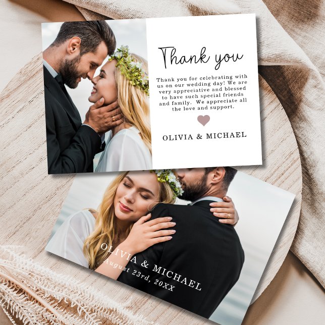 Elegant Script Heart Photo Wedding Thank You Card (Creator Uploaded)