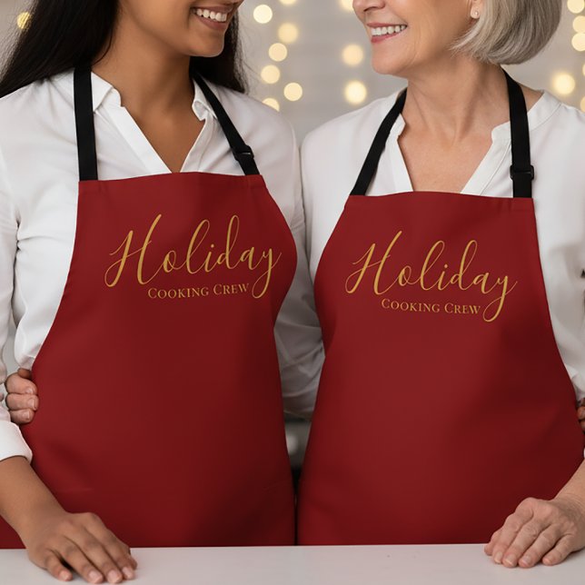 Elegant Script Holiday Cooking Crew Red Gold Apron (Creator Uploaded)