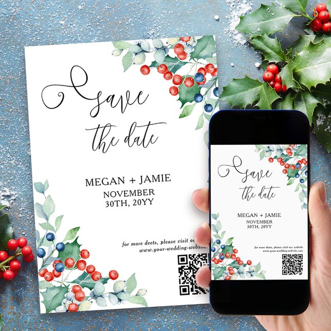 Elegant Script Holly and Winter Berries Save The Date (Save the Date with Holly and Winter Berries for holiday season engagement or winter wedding)