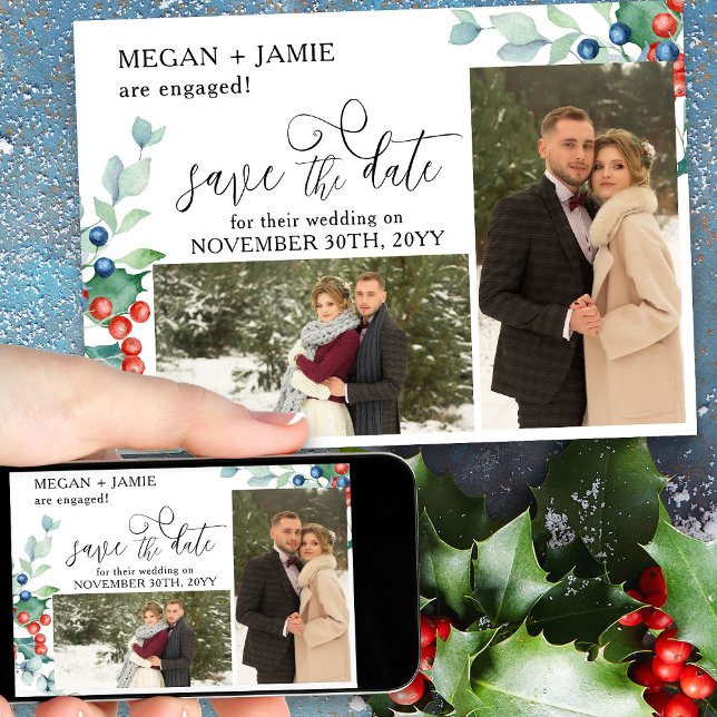 Elegant Script Holly Winter Berries 2 Photo Save The Date (Winter engagement announcement save the date from Winter Berries Wedding suite)