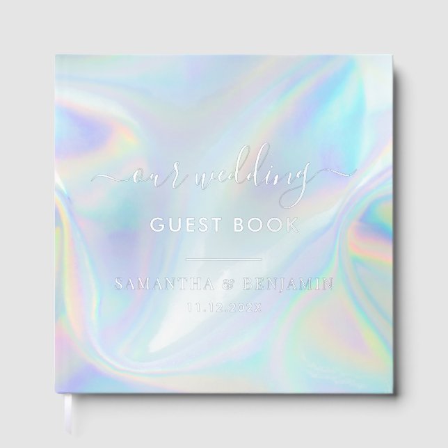Elegant Script Holographic Wedding Silver Foil Guest Book (Front)