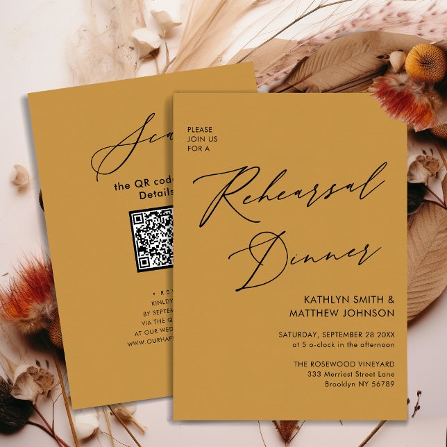 Elegant Script Honey Gold Rehearsal Dinner QR Invitation (Creator Uploaded)