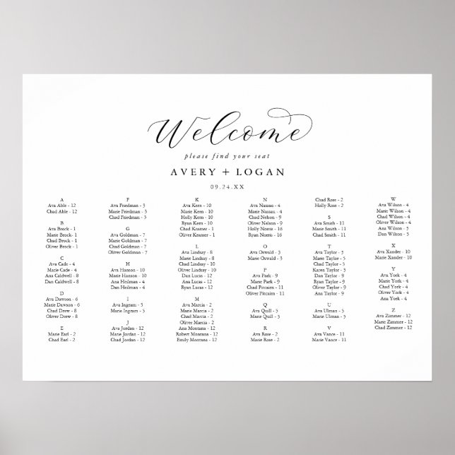 Elegant Script Horizontal Alphabetical Seating Poster (Front)