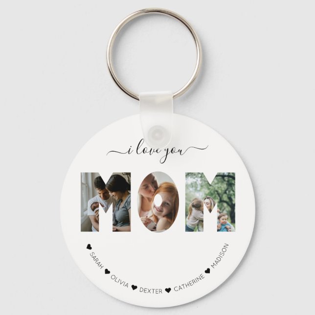 Elegant Script I love you MOM Photo Collage Key Ring (Front)