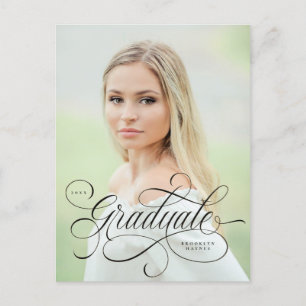 Elegant script in black on single photo graduation postcard