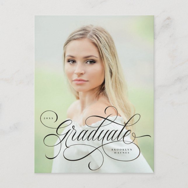 Elegant script in black on single photo graduation postcard (Front)