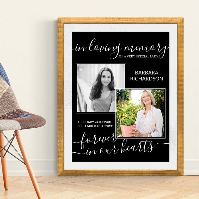 Elegant Script In Loving Memory 2 Photo Funeral Poster (Funeral memorial poster to order professionally printed or as a printable digital download)