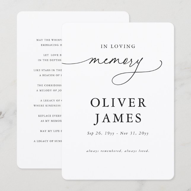 Elegant Script in Loving Memory Prayer Card (Front/Back)