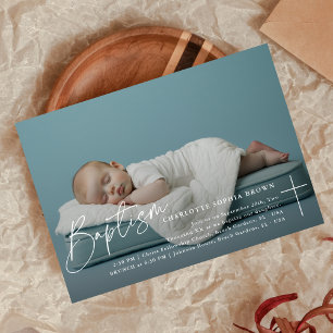 Elegant Script Infant Photo Catholic Baptism Invitation
