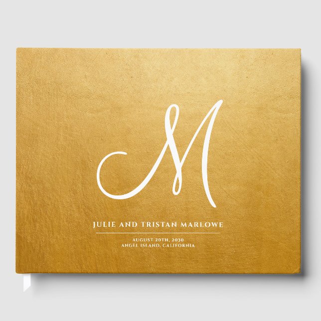 Elegant Script Initial Wedding Monogram Gold  Guest Book (Front)