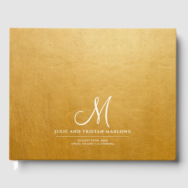 Elegant Script Initial Wedding Monogram Gold  Guest Book (Front)