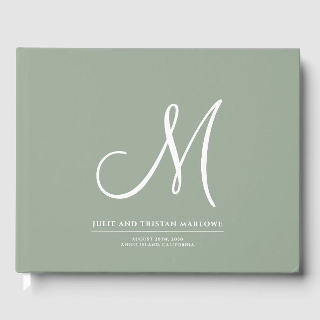 Elegant Script Initial Wedding Monogram Sage Green Guest Book (Front)