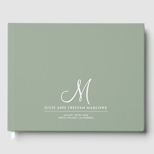 Elegant Script Initial Wedding Monogram Sage Green Guest Book (Front)