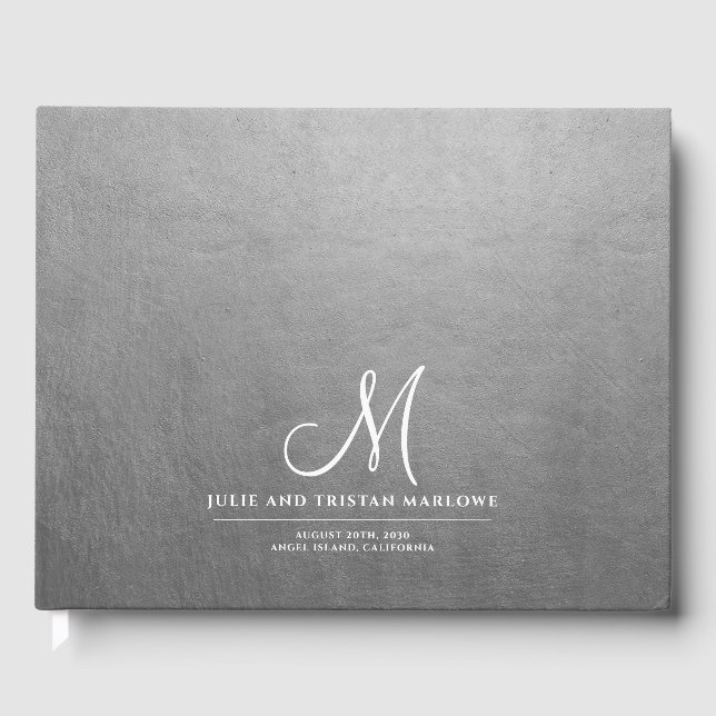 Elegant Script Initial Wedding Monogram Silver Guest Book (Front)