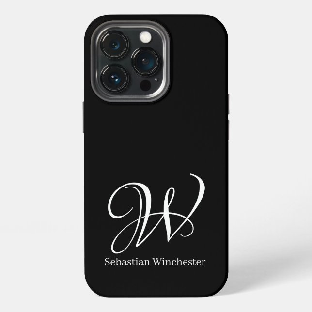 Elegant script initials and name solid black white iPhone case (Back)