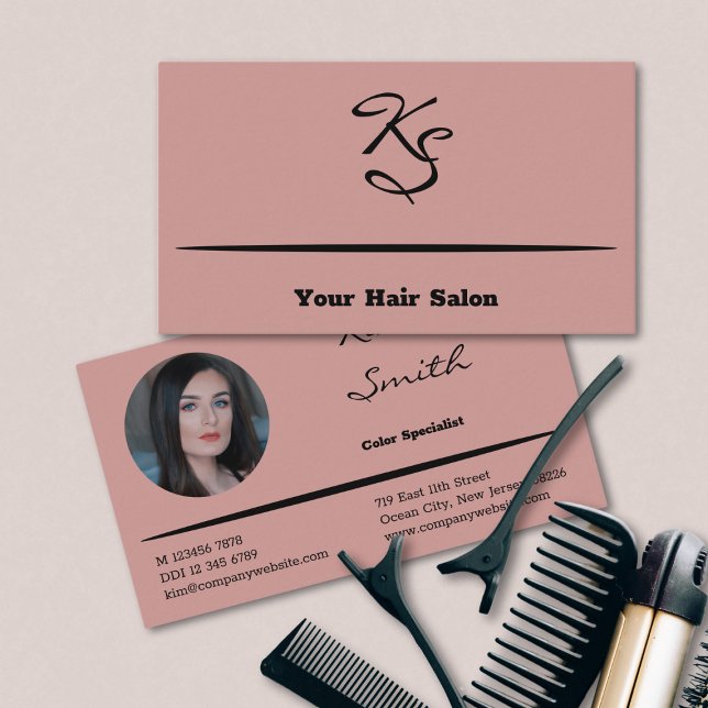 Elegant Script Initials Hair Stylist Pink Business Card (Elegant Script Initials Hair Stylist Pink Business Card)
