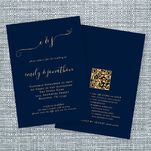 Elegant Script Initials Navy Gold QR Code Wedding Invitation