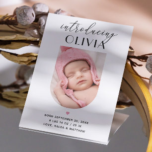 Elegant script introducing. Arch photo birth Announcement