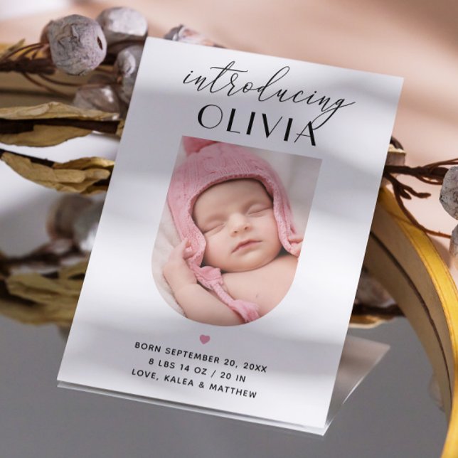Elegant script introducing. Arch photo birth Announcement (Creator Uploaded)