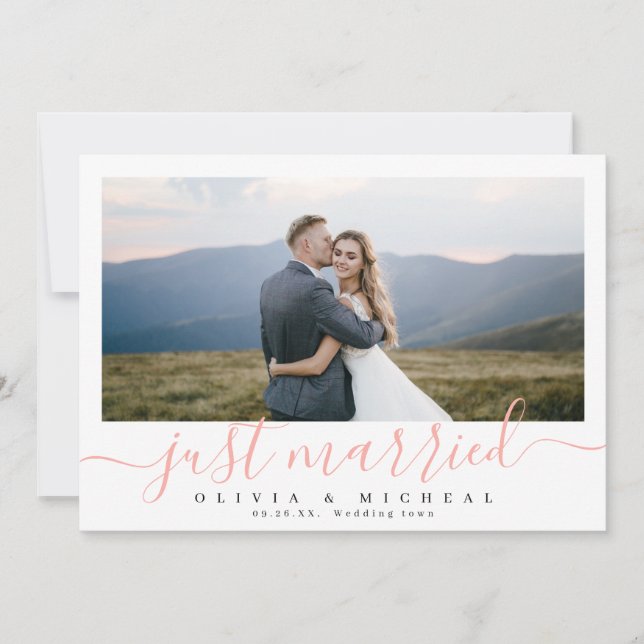 Elegant script "just married" modern photo wedding invitation (Front)