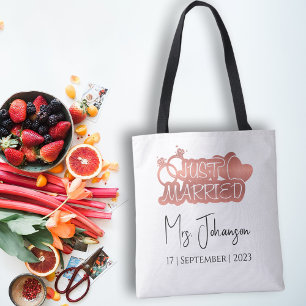 Elegant Script Just Married Rose Gold Honeymoon Tote Bag