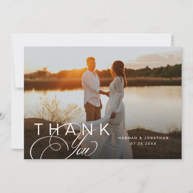 Elegant Script  Landscape Wedding Photo  Thank You Card (Front)