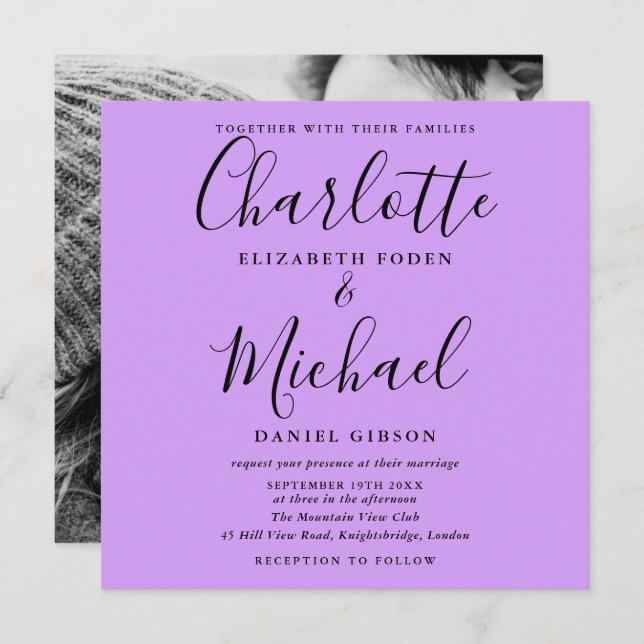Elegant Script Lavender Lilac Orchid Wedding Photo Invitation (Front/Back)