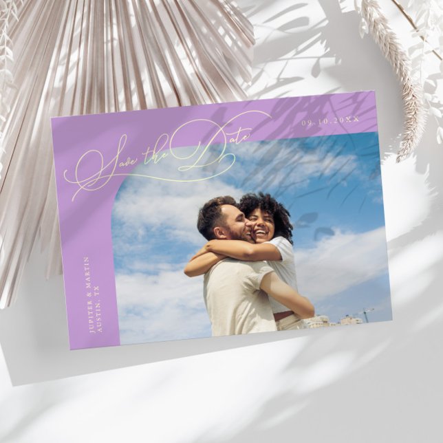 Elegant Script Lemon Wisteria Curved Frame Photo Save The Date (Creator Uploaded)