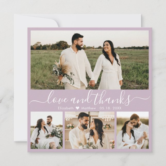 Elegant Script Lilac 4 Photo Collage Wedding Thank You Card (Front)
