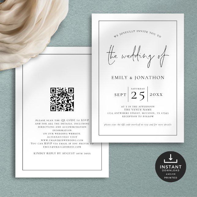 Elegant Script Line Border QR Black White Wedding Invitation (Front and back view)