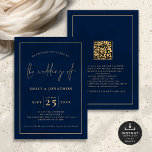 Elegant Script Line QR Code Navy Blue Gold Wedding Invitation<br><div class="desc">Elegant Script Line Border QR Code Navy Blue Gold Wedding. Available digitally and printed. Classic elegance in dark blue and gold with this text design. The Wedding Of is in a stylish set script, and the rest of the words you can easily personalise. On the back, add a QR code...</div>