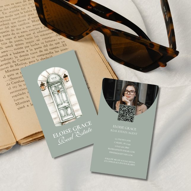 Elegant Script Logo and QR Code Real Estate Business Card (Market your business with this classic script neutral tone business card.)