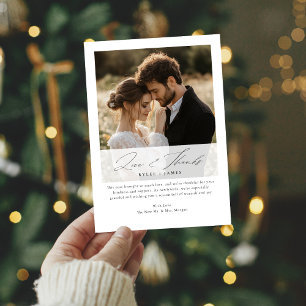 Elegant Script Love and Thanks Newlywed Photo Holiday Card