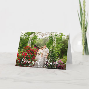 Elegant Script Love and Thanks  Wedding Photo Fold Card