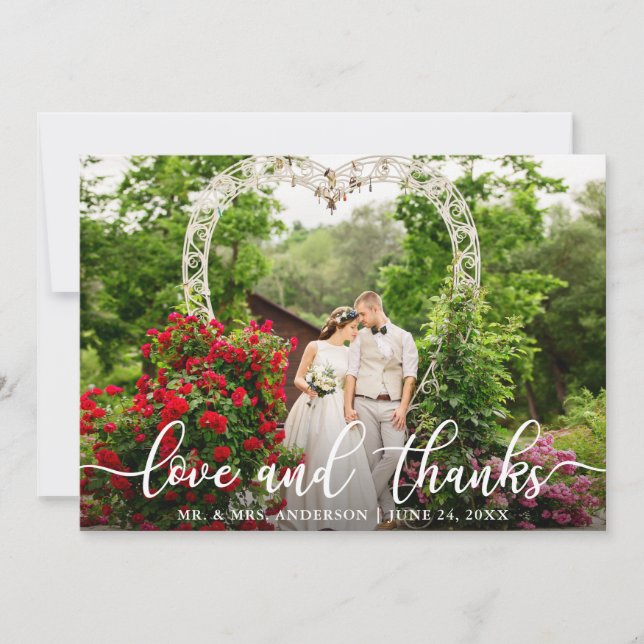 Elegant Script Love and Thanks | Wedding Photo Thank You Card (Front)