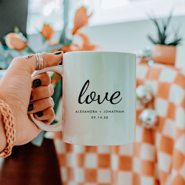 Elegant Script "Love" Custom Couple Names Wedding Coffee Mug (Creator Uploaded)