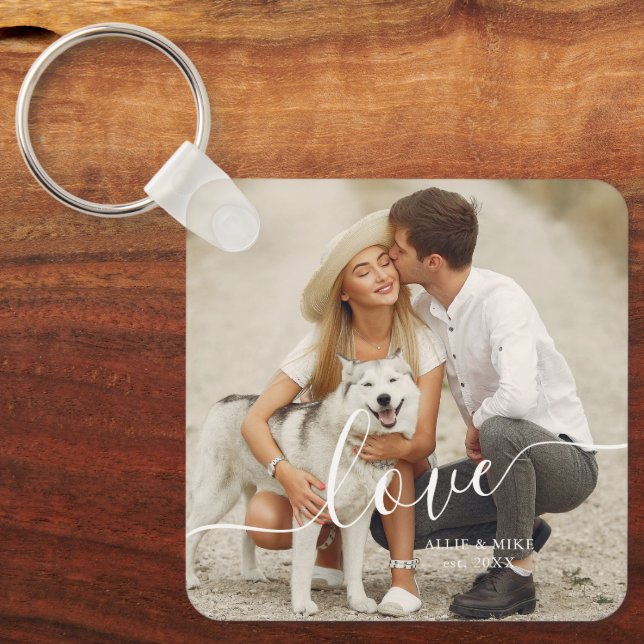 Elegant Script "Love" Custom Photo Key Ring (Front)