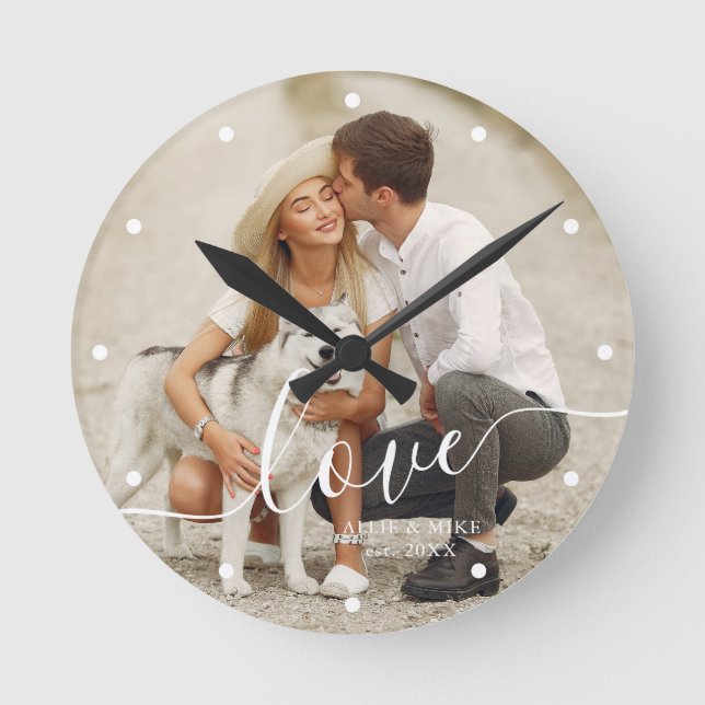 Elegant Script "Love" Custom Photo Round Clock (Front)