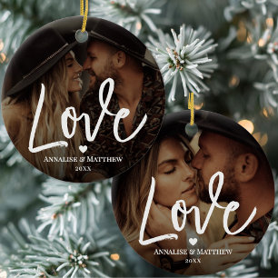 Elegant Script Love Heart Two Photo Ceramic Tree Decoration